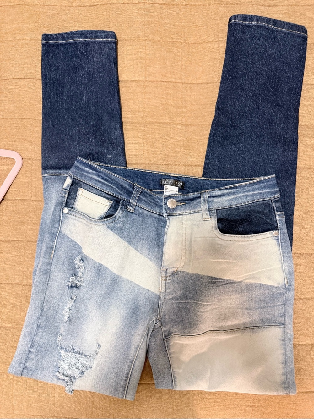 VENUS Two-Tone Patchwork Skinny Jeans in Light and Dark Blue